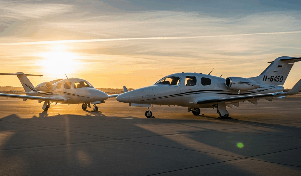 cirrus vision jet and eclipse 550 light jets parked side by 20260331 132640