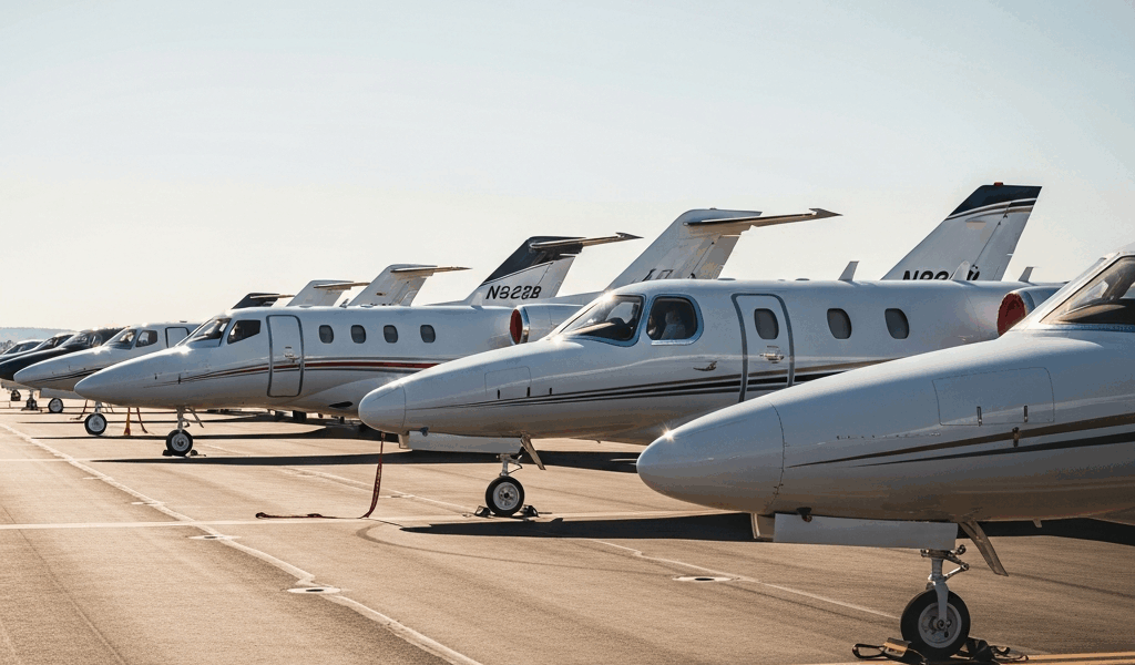 row of modern business jets on airport ramp including hondaj 20260331 132704